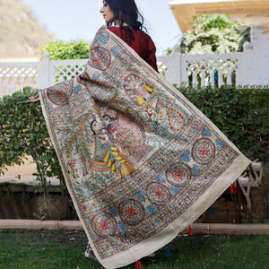 Beige - Madhubani Hand-Painted Krishna Raas Tussar Silk Saree