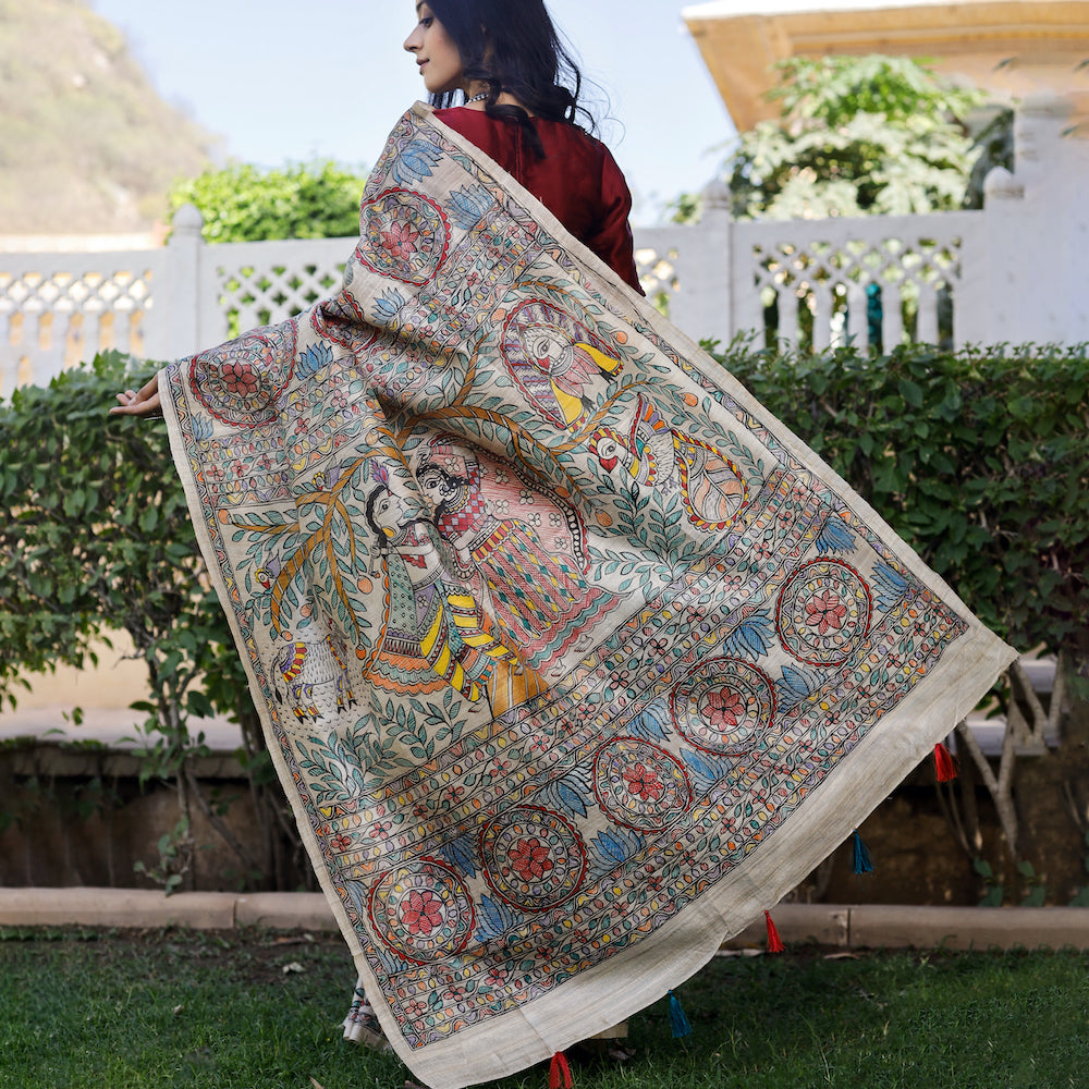 Beige - Madhubani Hand-Painted Krishna Raas Tussar Silk Saree