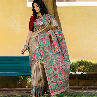 Brown - Madhubani Hand-Painted Durga Incarnations Tussar Ghicha Silk Saree