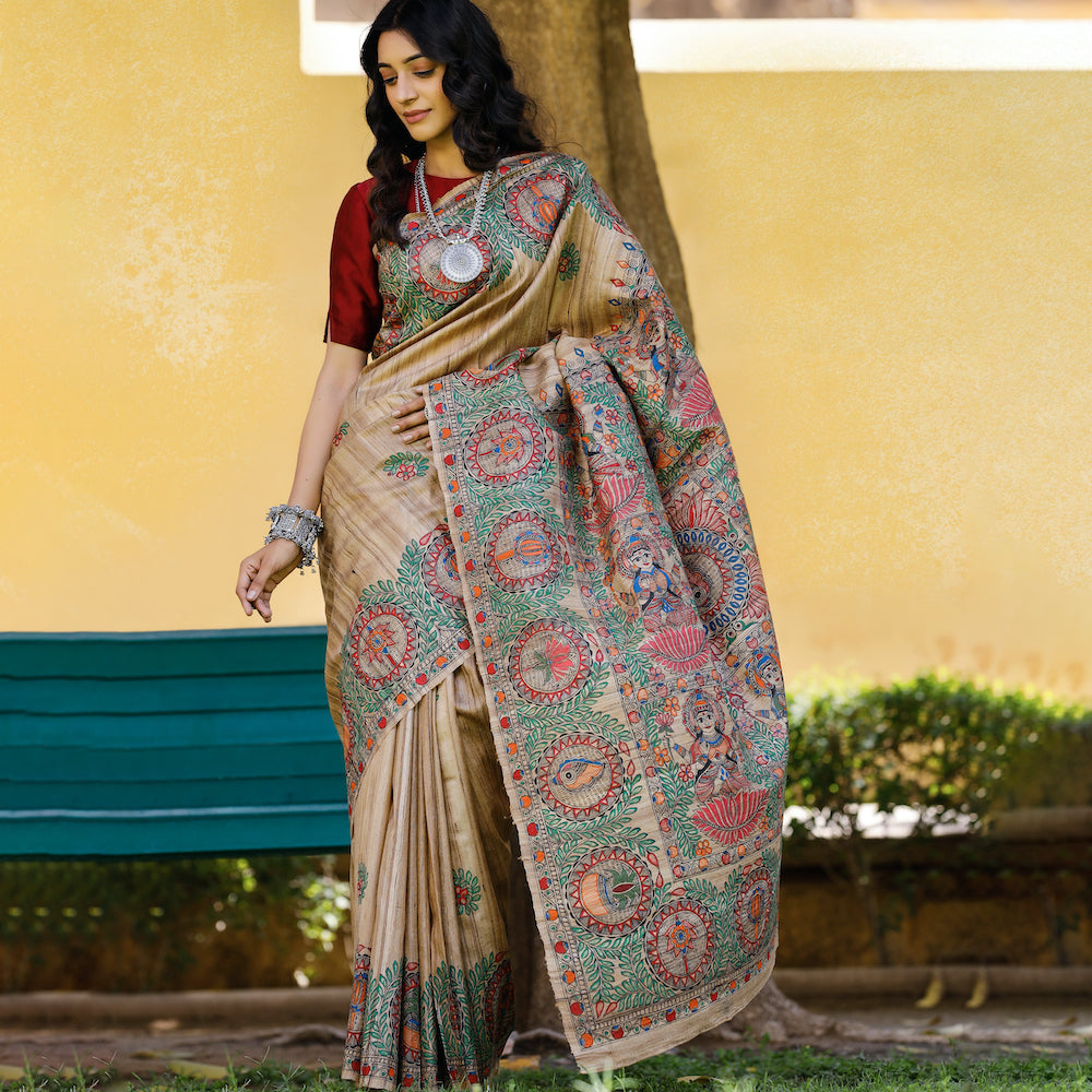 Brown - Madhubani Hand-Painted Durga Incarnations Tussar Ghicha Silk Saree