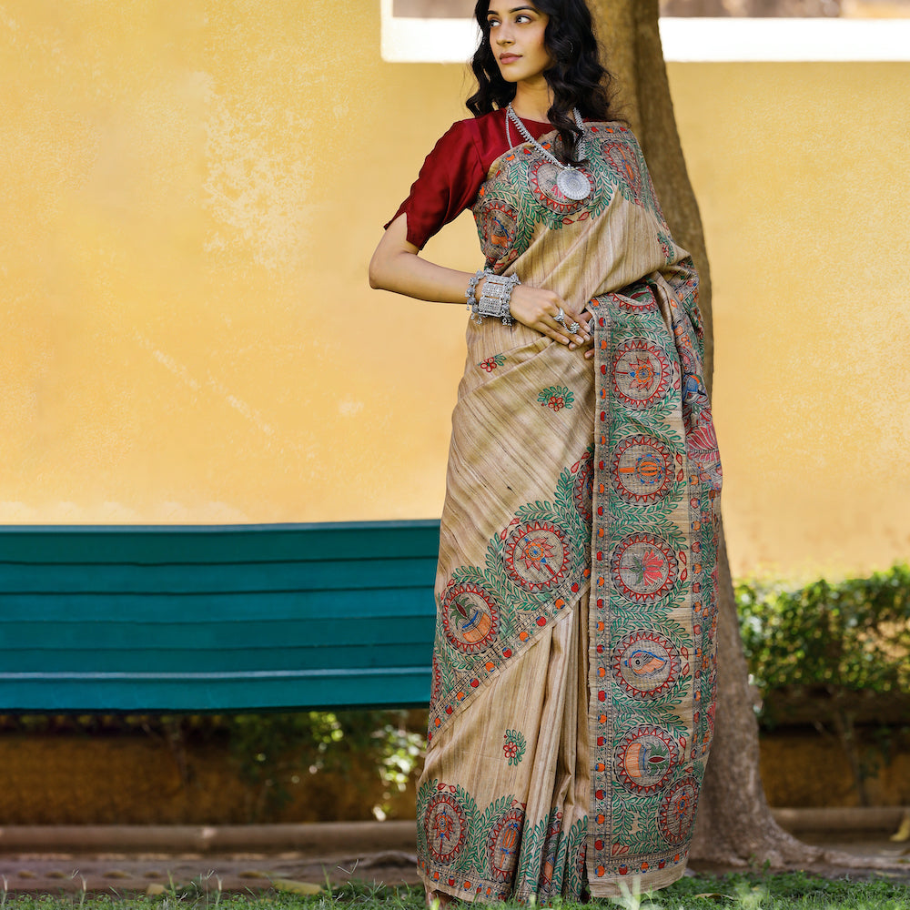 Brown - Madhubani Hand-Painted Durga Incarnations Tussar Ghicha Silk Saree