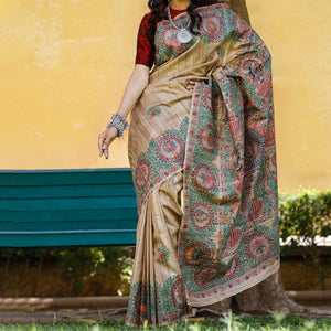 Brown - Madhubani Hand-Painted Durga Incarnations Tussar Ghicha Silk Saree
