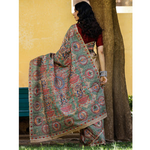 Brown - Madhubani Hand-Painted Durga Incarnations Tussar Ghicha Silk Saree