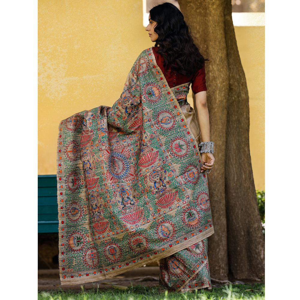 Brown - Madhubani Hand-Painted Durga Incarnations Tussar Ghicha Silk Saree