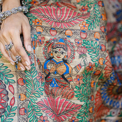 Brown - Madhubani Hand-Painted Durga Incarnations Tussar Ghicha Silk Saree