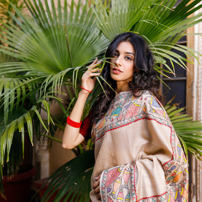 Beige - Madhubani Hand-Painted Matasya Tussar Silk Saree