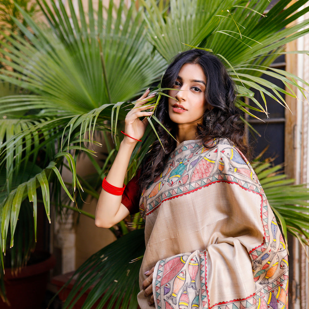 Beige - Madhubani Hand-Painted Matasya Tussar Silk Saree