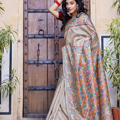 Beige - Madhubani Hand-Painted Matasya Tussar Silk Saree
