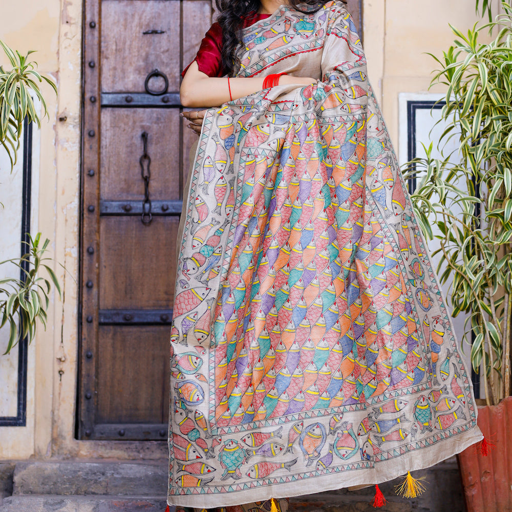 Beige - Madhubani Hand-Painted Matasya Tussar Silk Saree
