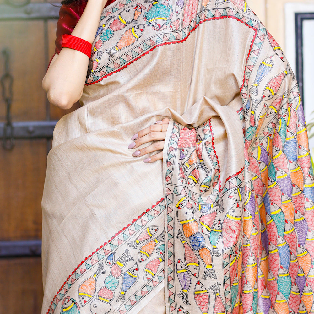 Beige - Madhubani Hand-Painted Matasya Tussar Silk Saree