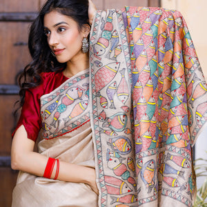 Beige - Madhubani Hand-Painted Matasya Tussar Silk Saree