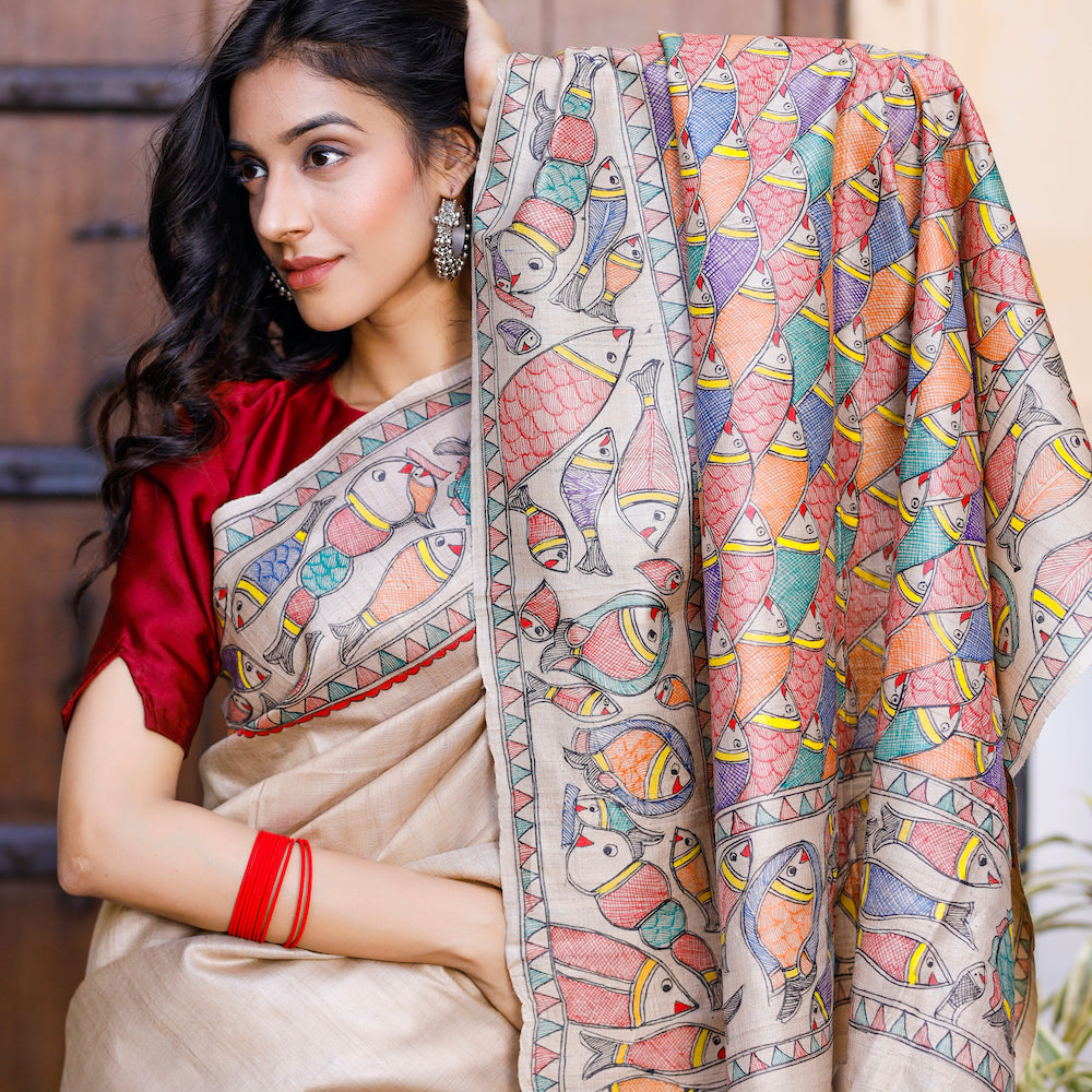 Beige - Madhubani Hand-Painted Matasya Tussar Silk Saree