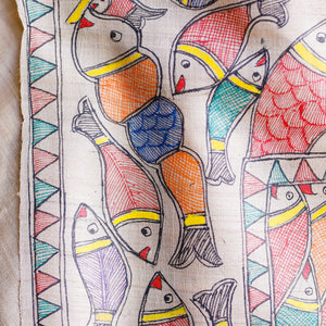 Beige - Madhubani Hand-Painted Matasya Tussar Silk Saree