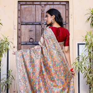 Beige - Madhubani Hand-Painted Matasya Tussar Silk Saree
