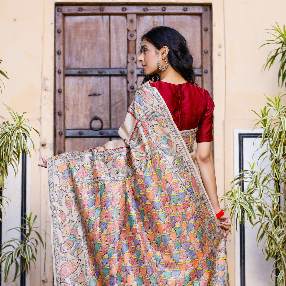 Beige - Madhubani Hand-Painted Matasya Tussar Silk Saree