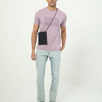Rare Rabbit Men's Alanet Dusky Pink Crew Neck Half Sleeves Regular Fit Foil HD Print Branding T-Shirt