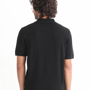 Rare Rabbit Men's Alfet Z Black Half Sleeves High Neck Zipper Collar Knitted T-Shirt
