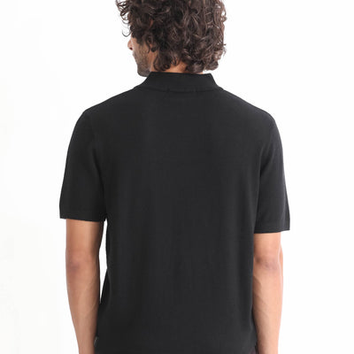Rare Rabbit Men's Alfet Z Black Half Sleeves High Neck Zipper Collar Knitted T-Shirt
