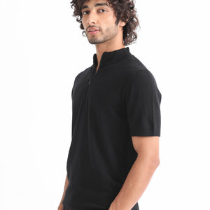 Rare Rabbit Men's Alfet Z Black Half Sleeves High Neck Zipper Collar Knitted T-Shirt