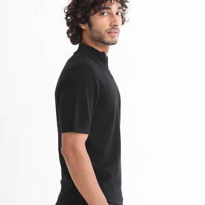 Rare Rabbit Men's Alfet Z Black Half Sleeves High Neck Zipper Collar Knitted T-Shirt