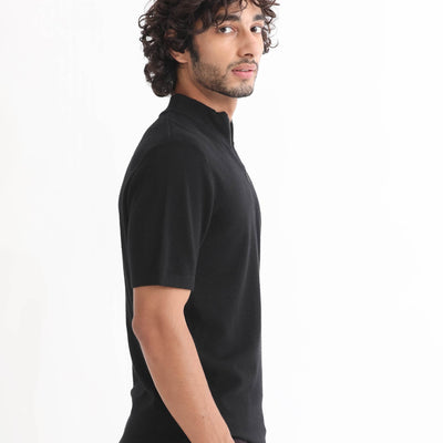 Rare Rabbit Men's Alfet Z Black Half Sleeves High Neck Zipper Collar Knitted T-Shirt