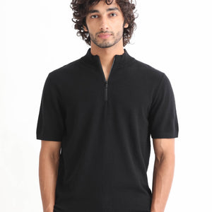 Rare Rabbit Men's Alfet Z Black Half Sleeves High Neck Zipper Collar Knitted T-Shirt