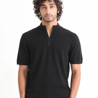 Rare Rabbit Men's Alfet Z Black Half Sleeves High Neck Zipper Collar Knitted T-Shirt