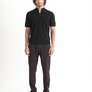 Rare Rabbit Men's Alfet Z Black Half Sleeves High Neck Zipper Collar Knitted T-Shirt