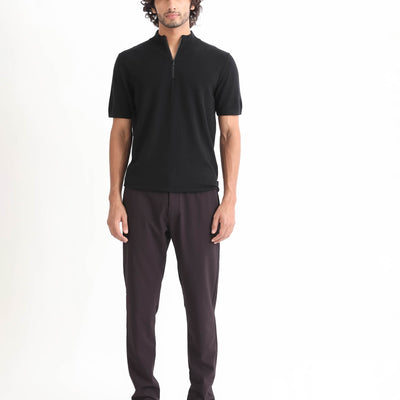 Rare Rabbit Men's Alfet Z Black Half Sleeves High Neck Zipper Collar Knitted T-Shirt