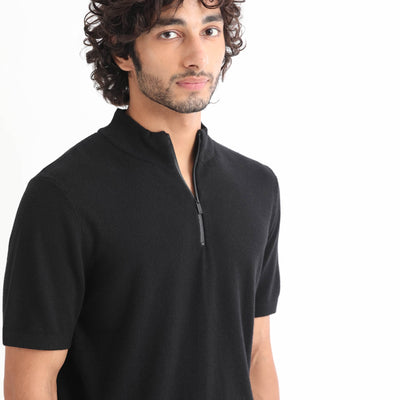Rare Rabbit Men's Alfet Z Black Half Sleeves High Neck Zipper Collar Knitted T-Shirt