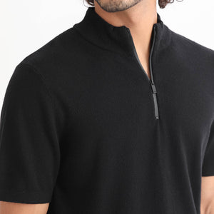 Rare Rabbit Men's Alfet Z Black Half Sleeves High Neck Zipper Collar Knitted T-Shirt