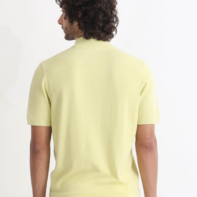 Rare Rabbit Men's Alfet Yellow Half Sleeves High Neck Knitted T-Shirt