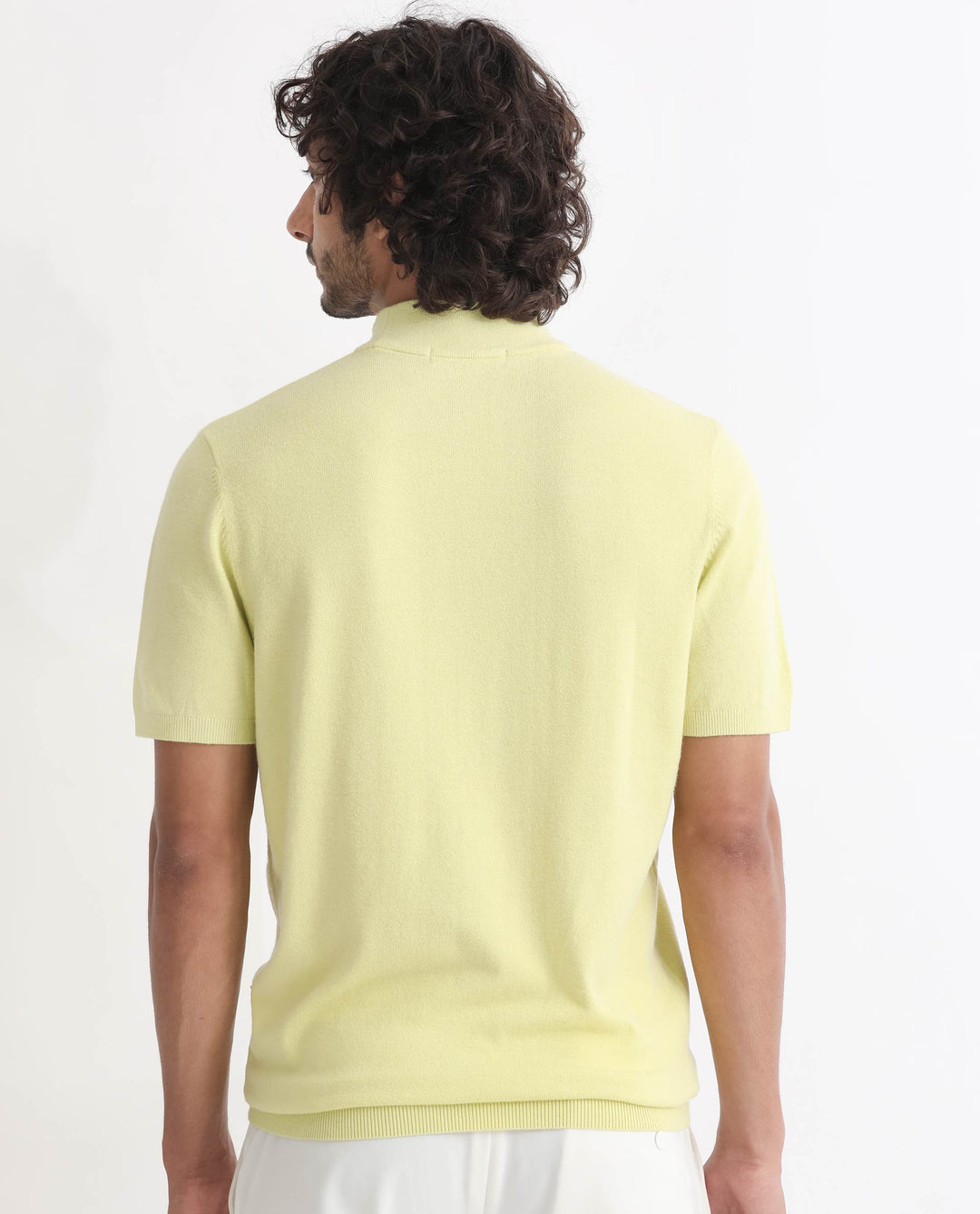 Rare Rabbit Men's Alfet Yellow Half Sleeves High Neck Knitted T-Shirt