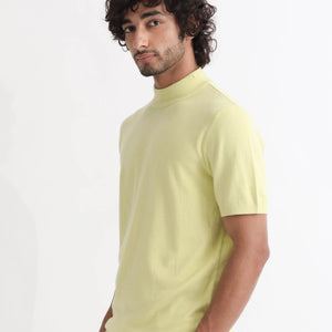 Rare Rabbit Men's Alfet Yellow Half Sleeves High Neck Knitted T-Shirt