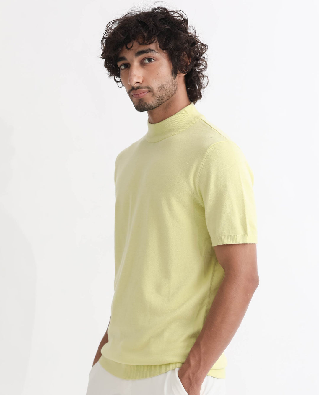 Rare Rabbit Men's Alfet Yellow Half Sleeves High Neck Knitted T-Shirt