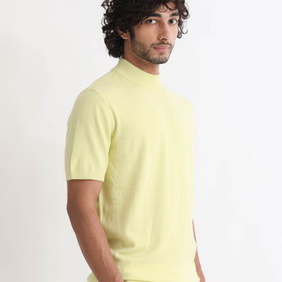 Rare Rabbit Men's Alfet Yellow Half Sleeves High Neck Knitted T-Shirt