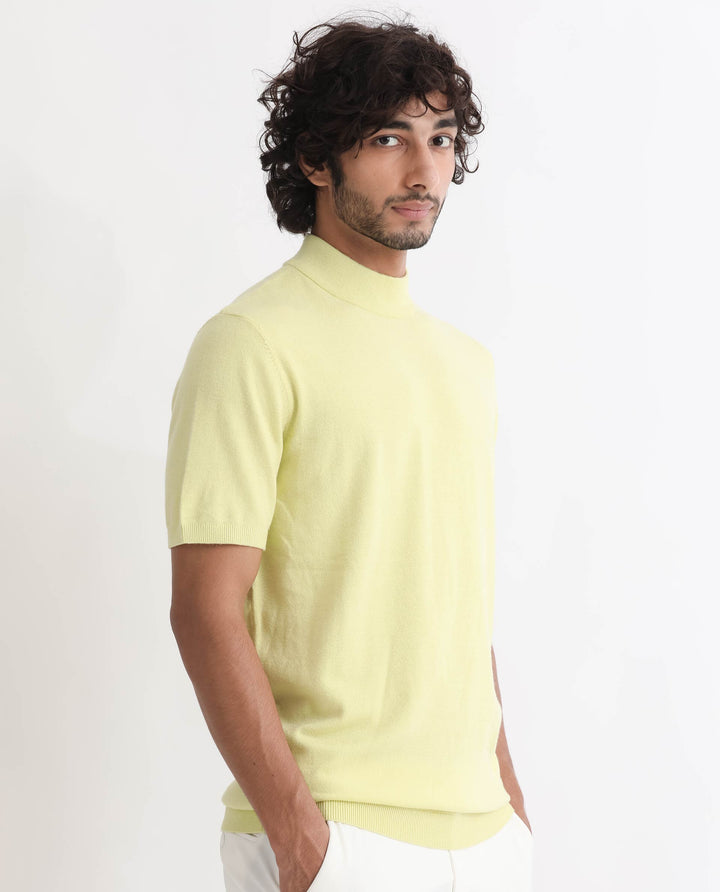 Rare Rabbit Men's Alfet Yellow Half Sleeves High Neck Knitted T-Shirt