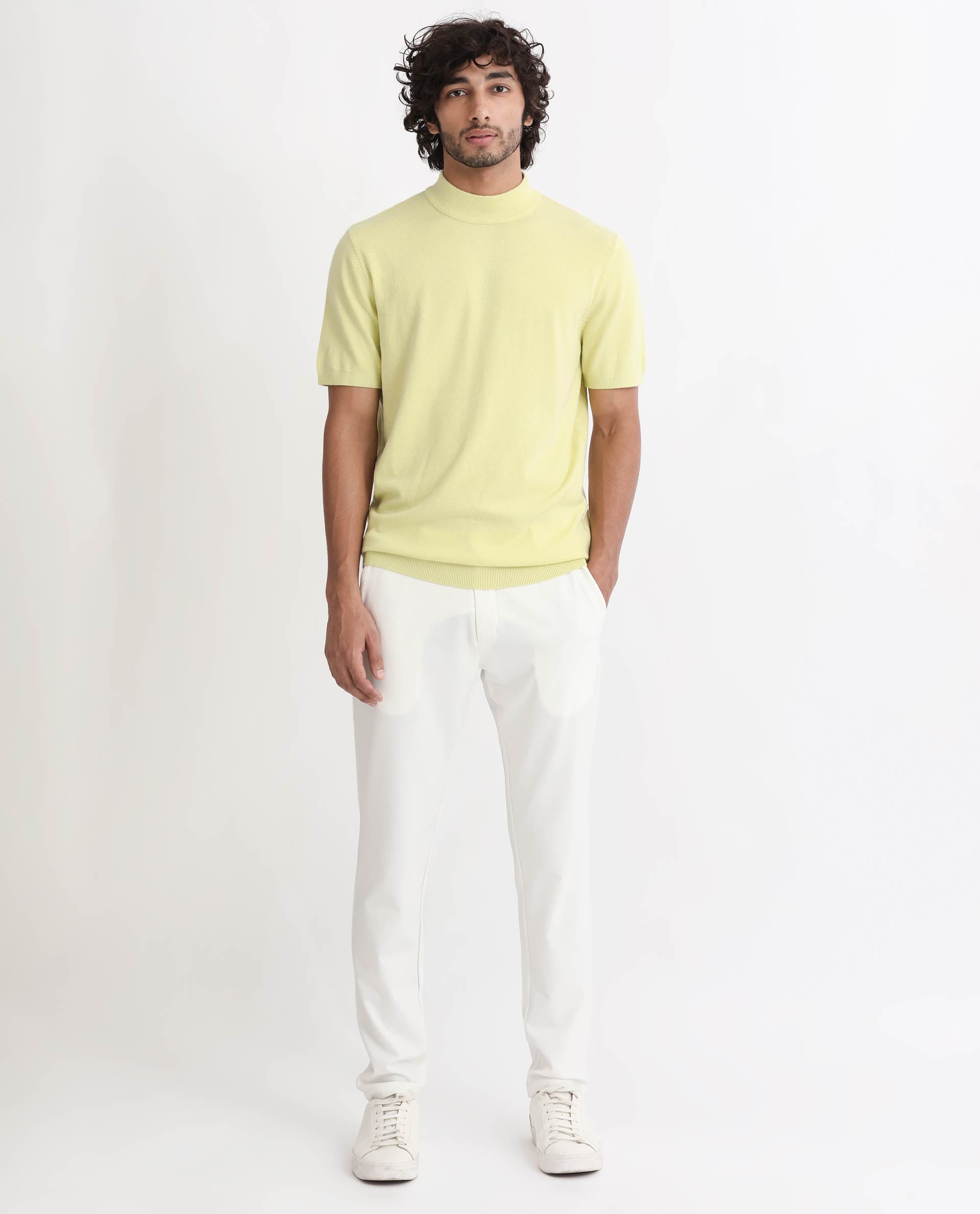 Rare Rabbit Men's Alfet Yellow Half Sleeves High Neck Knitted T-Shirt
