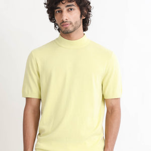 Rare Rabbit Men's Alfet Yellow Half Sleeves High Neck Knitted T-Shirt