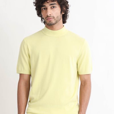 Rare Rabbit Men's Alfet Yellow Half Sleeves High Neck Knitted T-Shirt