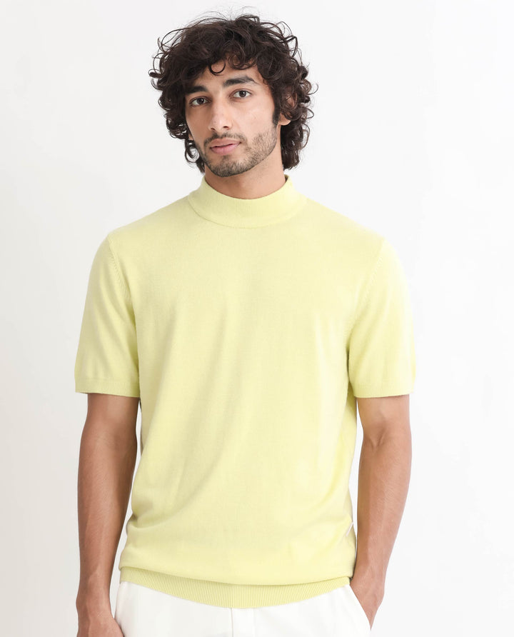 Rare Rabbit Men's Alfet Yellow Half Sleeves High Neck Knitted T-Shirt