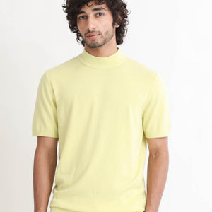 Rare Rabbit Men's Alfet Yellow Half Sleeves High Neck Knitted T-Shirt