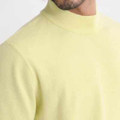 Rare Rabbit Men's Alfet Yellow Half Sleeves High Neck Knitted T-Shirt