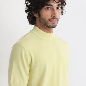 Rare Rabbit Men's Alfet Yellow Half Sleeves High Neck Knitted T-Shirt