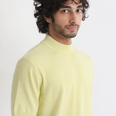 Rare Rabbit Men's Alfet Yellow Half Sleeves High Neck Knitted T-Shirt