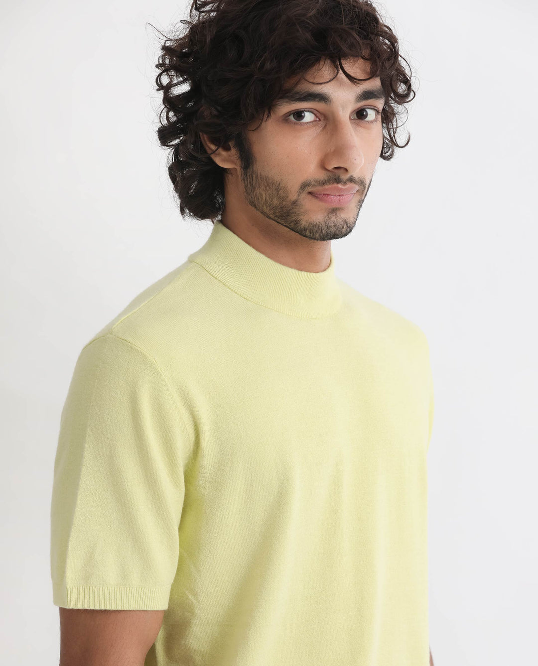 Rare Rabbit Men's Alfet Yellow Half Sleeves High Neck Knitted T-Shirt