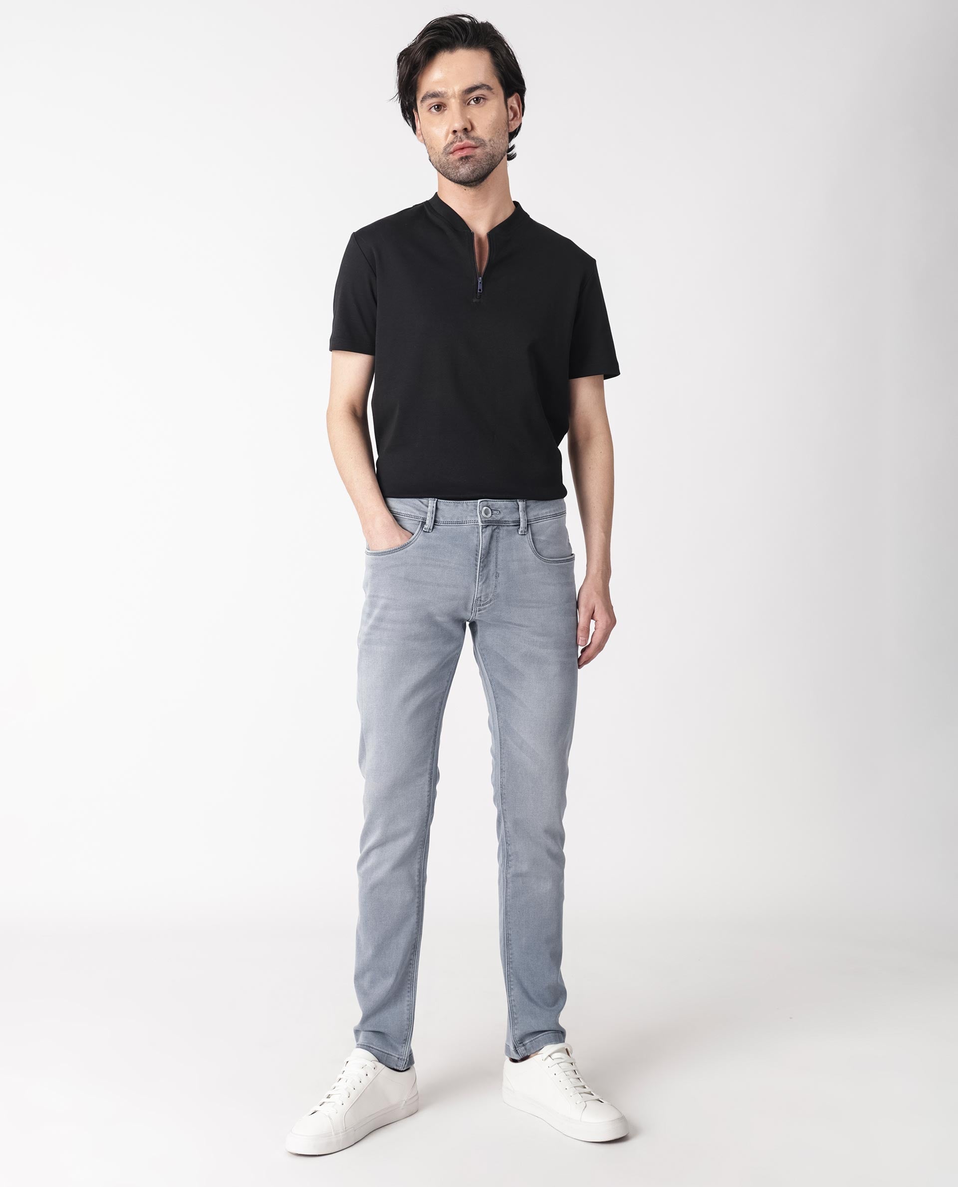 Rare Rabbit Men's Alphen Light Blue Light Wash Mid-Rise Slim Fit Jeans