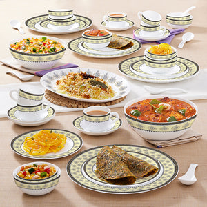 Larah by Borosil - Amber Kohinoor Series Opalware Dinner Set | Set of 45 Pcs