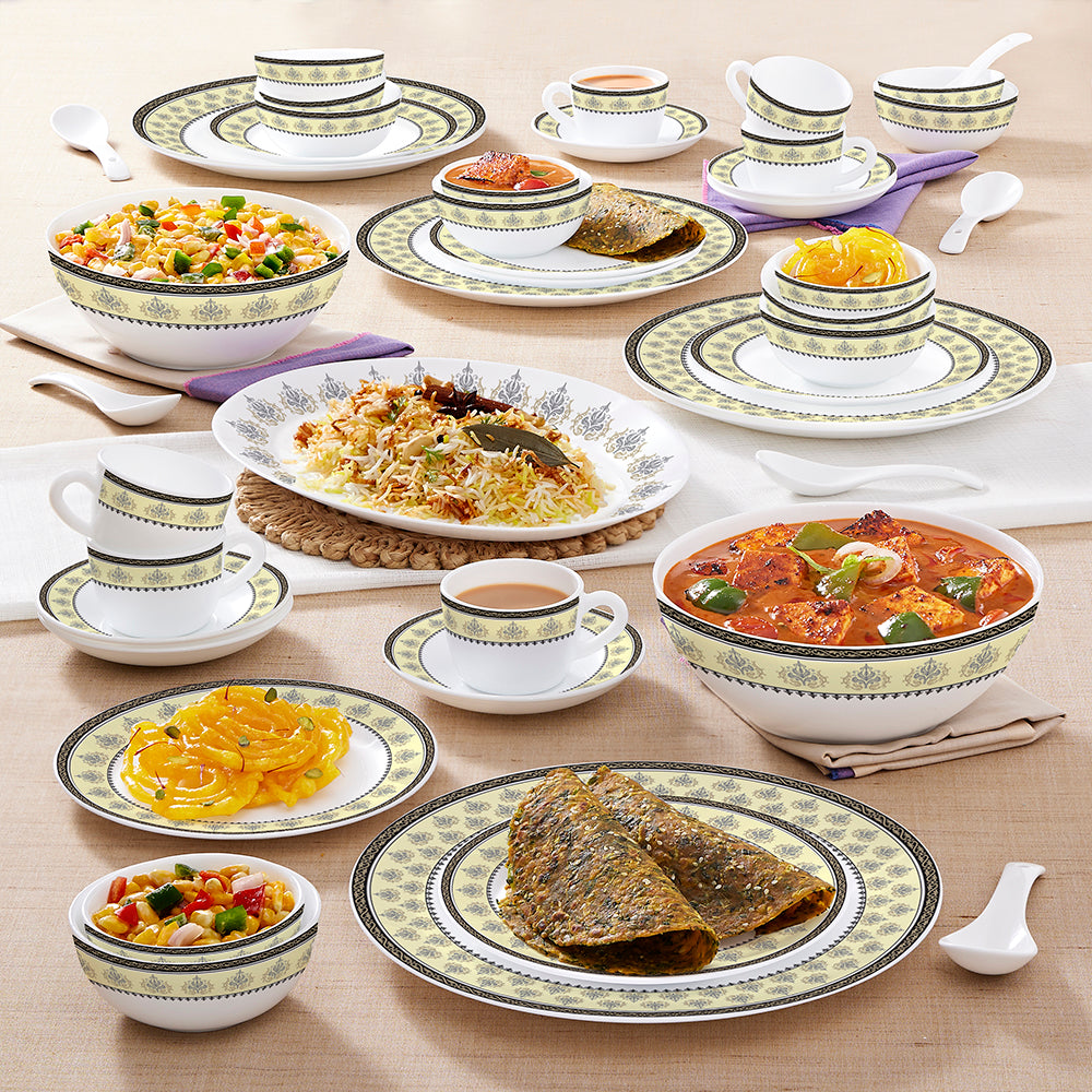 Larah by Borosil - Amber Kohinoor Series Opalware Dinner Set | Set of 45 Pcs