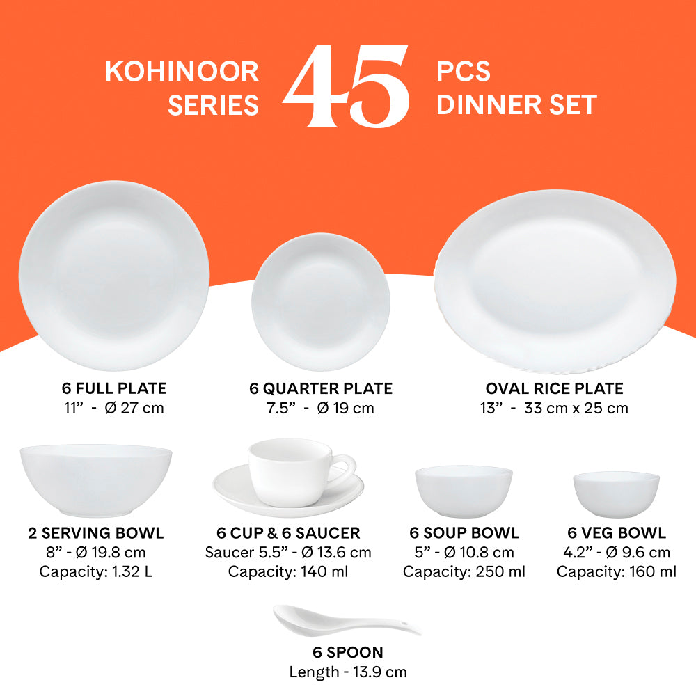 Larah by Borosil - Amber Kohinoor Series Opalware Dinner Set | Set of 45 Pcs